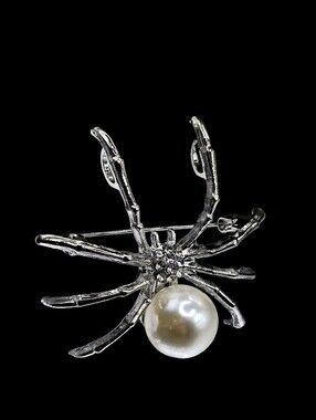 "5/$40" Silvertone Faux White Pearl Rhinestone Spider Pendant Brooch